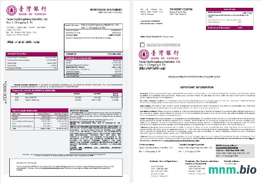 Tajwan Bank of Taiwan wyciąg z kredytu hipotecznego w formatach Word i PDF 1-2
